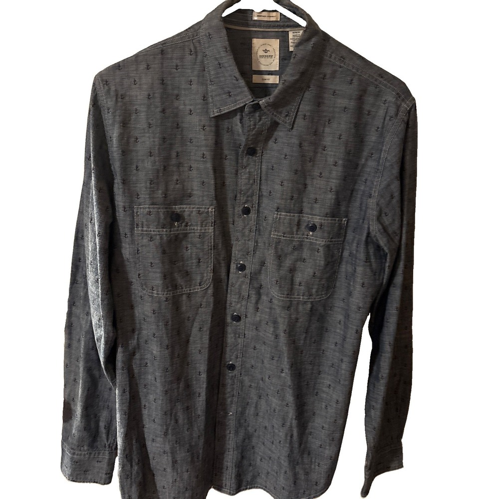 DOCKERS Mens Premium Slim Fit Anchor Print Heritage Chambray Shirt Blue Medium